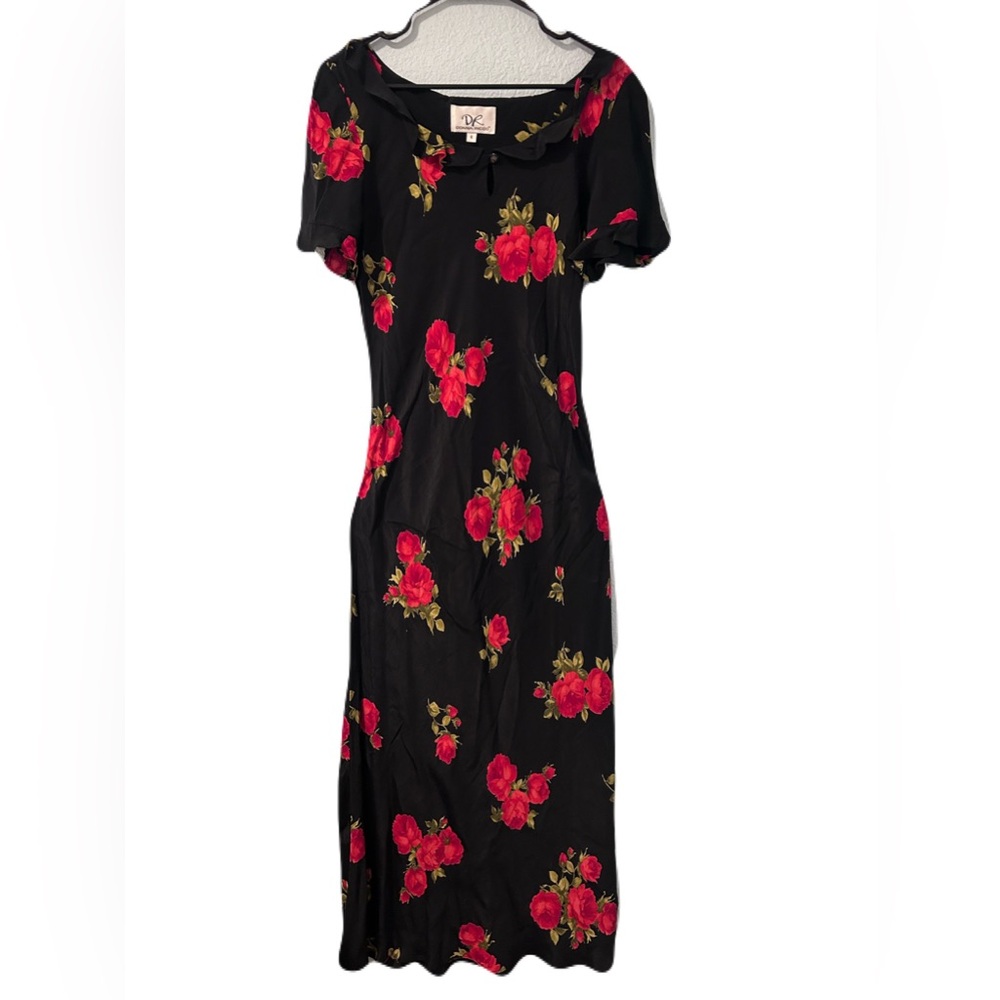 Vintage Donna Ricco Black Dress with Red and Green Floral Accents